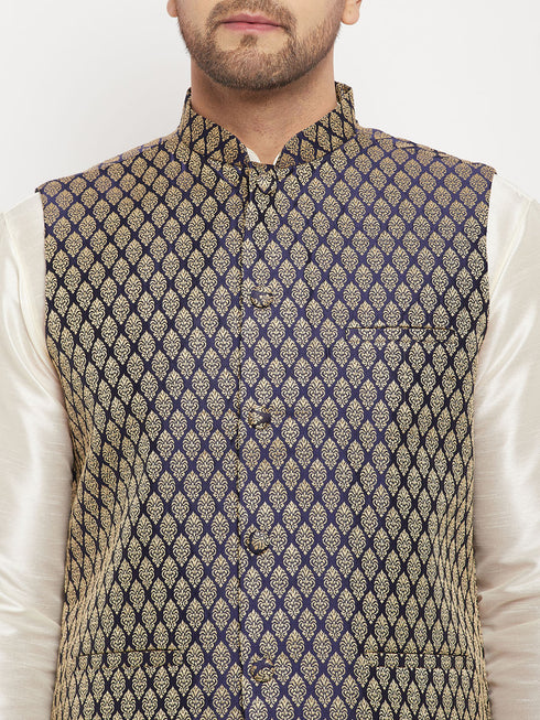 VASTRAMAY Men's Blue Cotton Silk Blend Ethnic Jacket